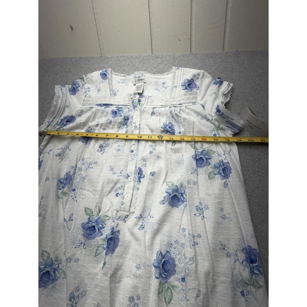 Vintage Aria Petite‎ Nightgown PS White Blue Floral Cotton Lace 90s - Picture 10 of 14